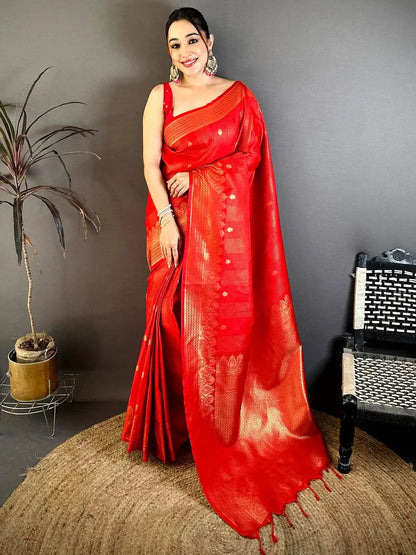 Bright Red Self Zari Check Gadwal Saree - view 3
