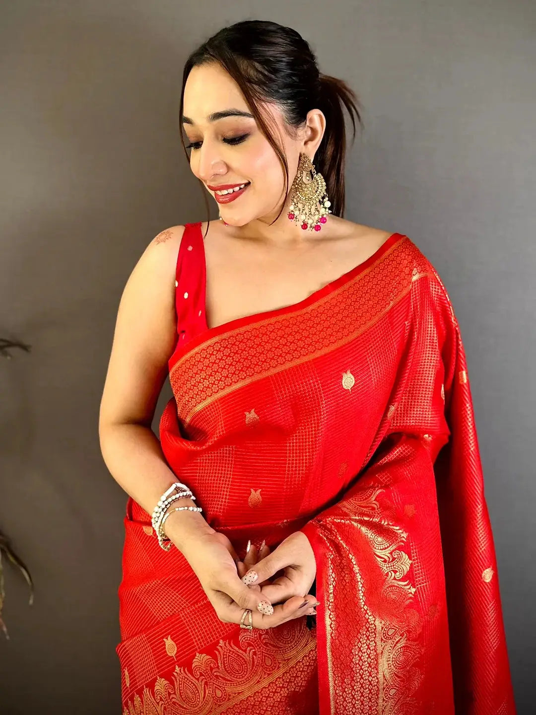 Bright Red Self Zari Check Gadwal Saree - view 4