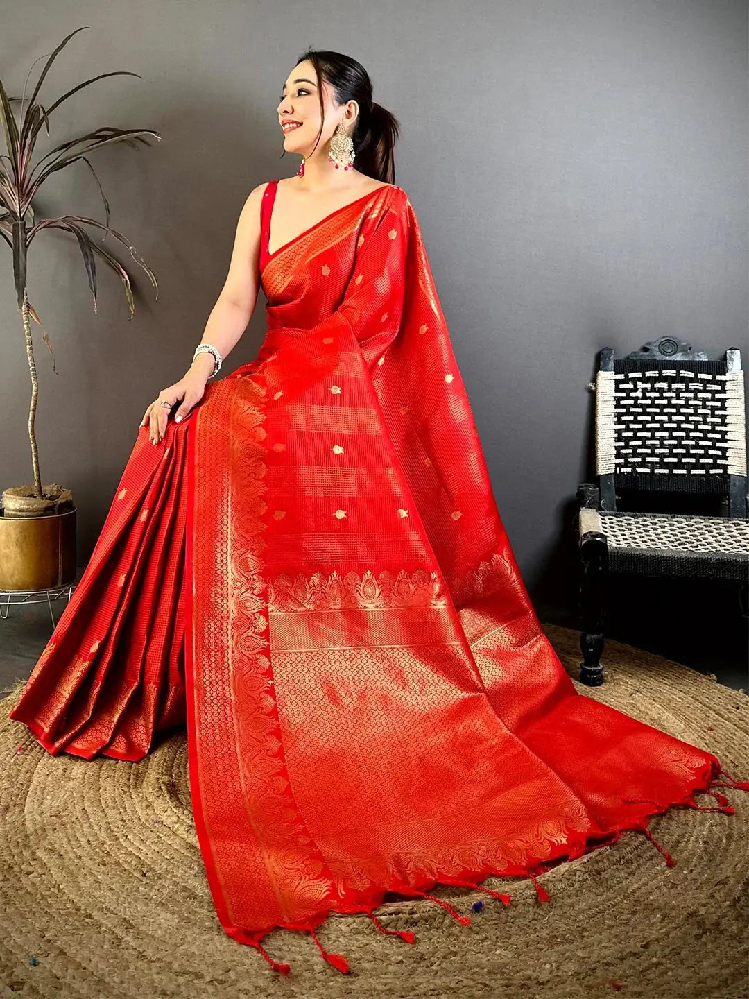 Bright Red Self Zari Check Gadwal Saree